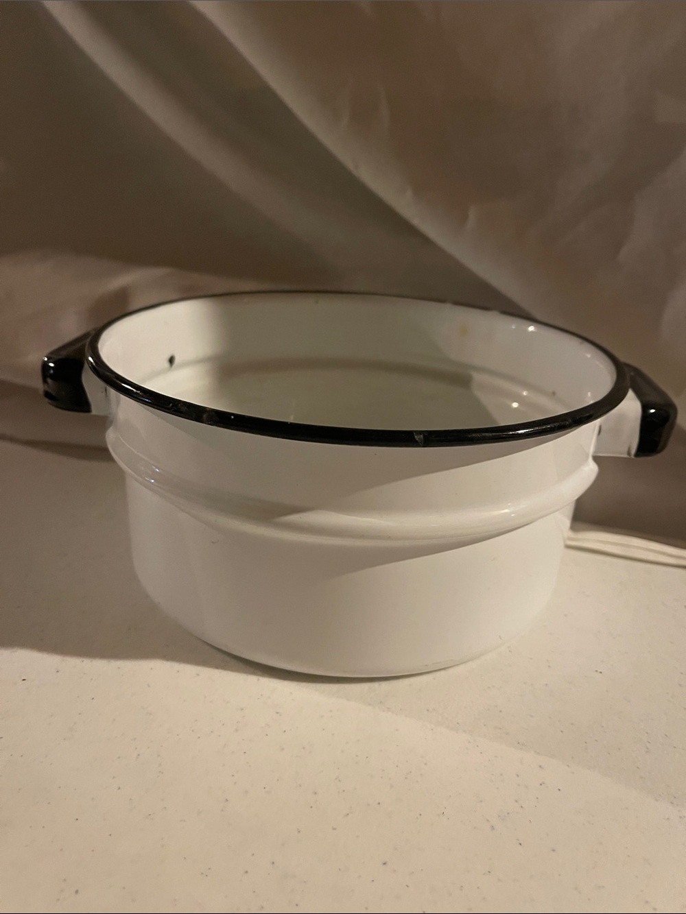 Antique White Enamel Serving Bowl with Black Rim